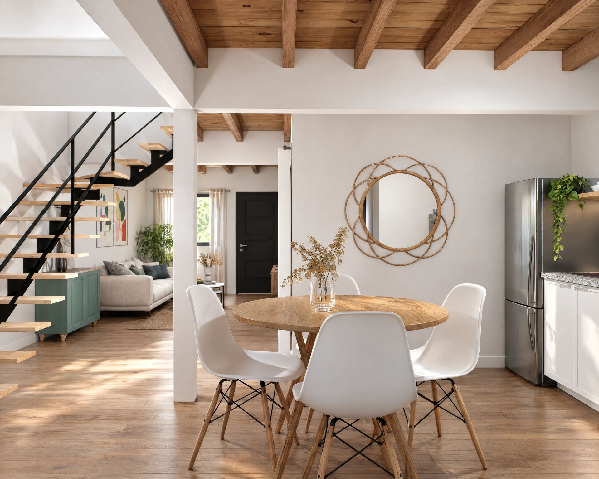 Render del comedor y su conexión con el living
