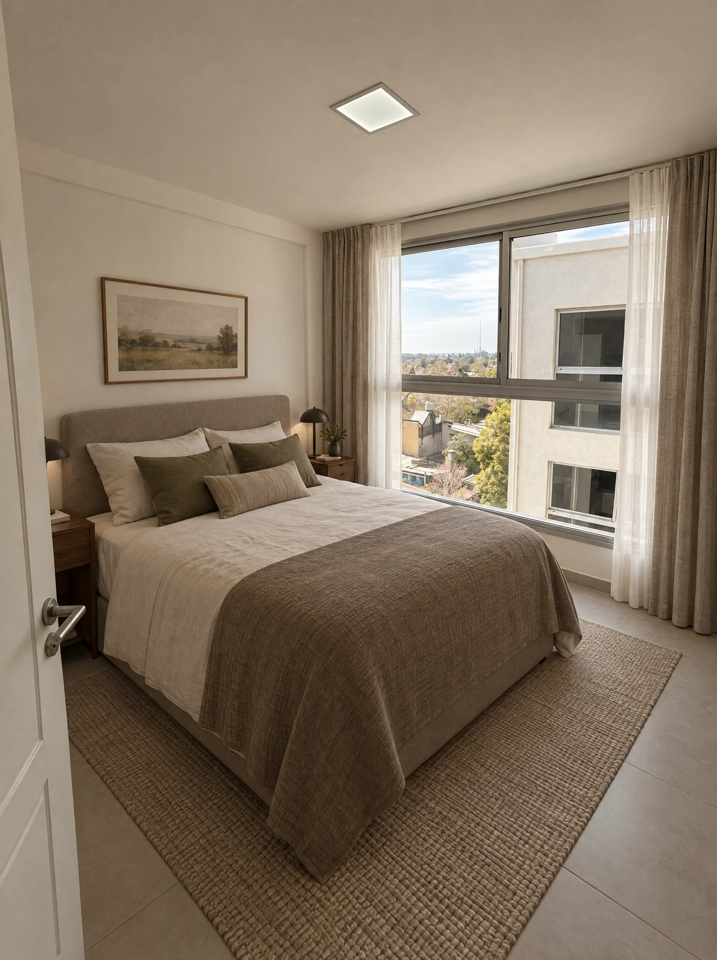 Dormitorio principal con ventanal y cortinas