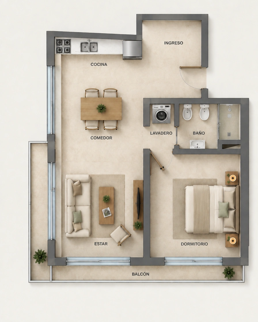 Plano de Güemes de 2 ambientes con cocina, comedor, estar, lavadero, baño, dormitorio y balcón