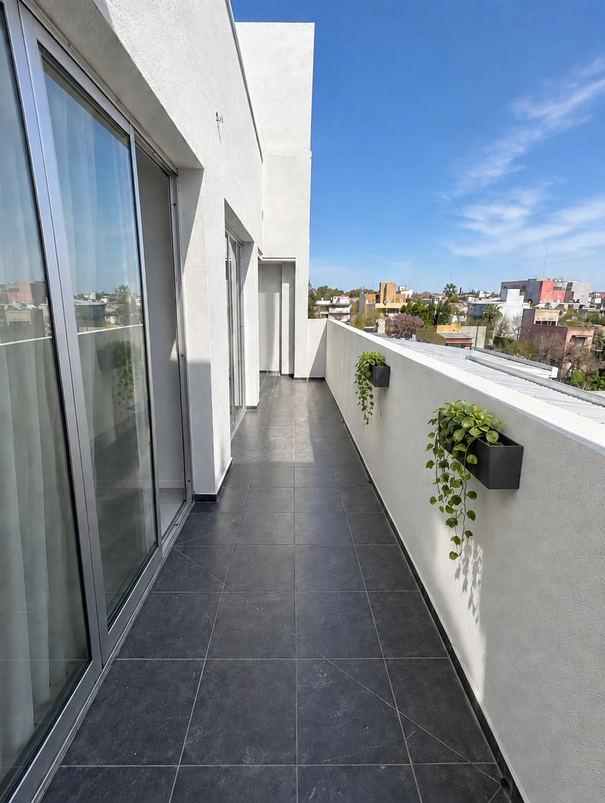 Segunda terraza con piso oscuro y plantas