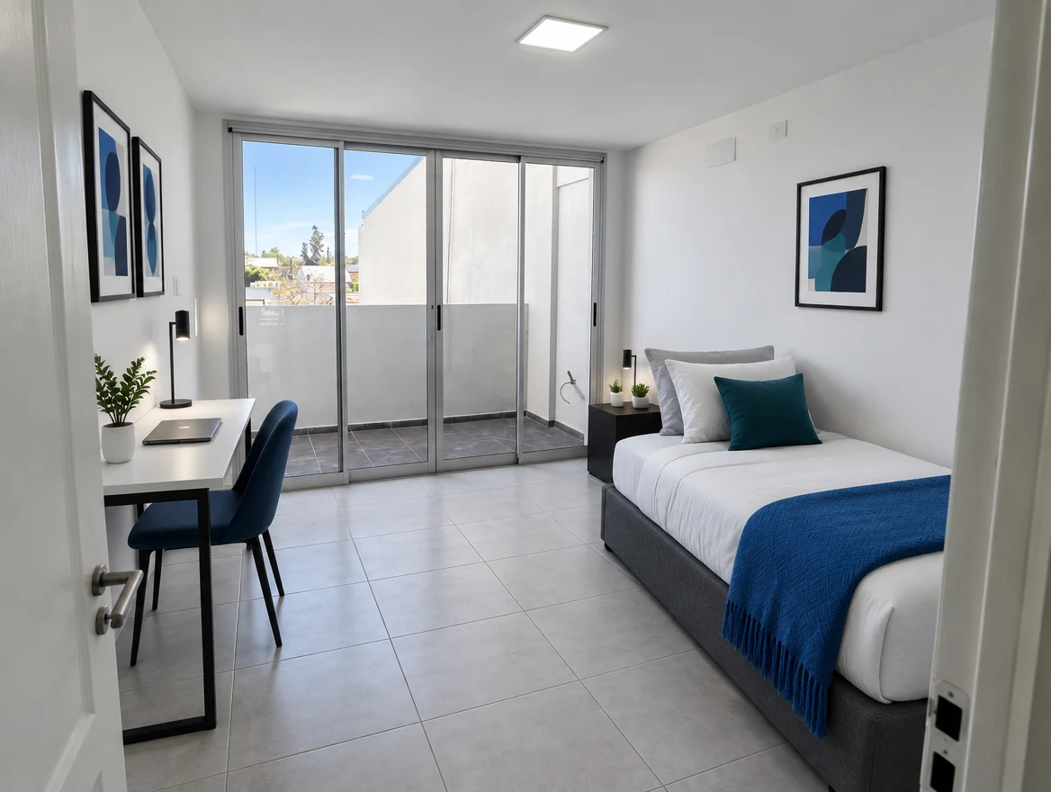 Dormitorio con escritorio y salida al exterior