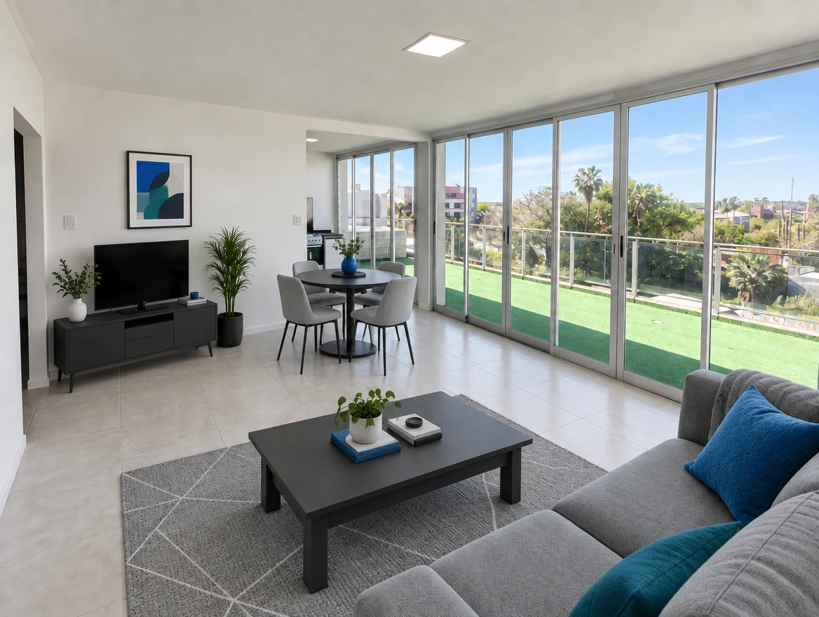 Living comedor con ventanales hacia la terraza