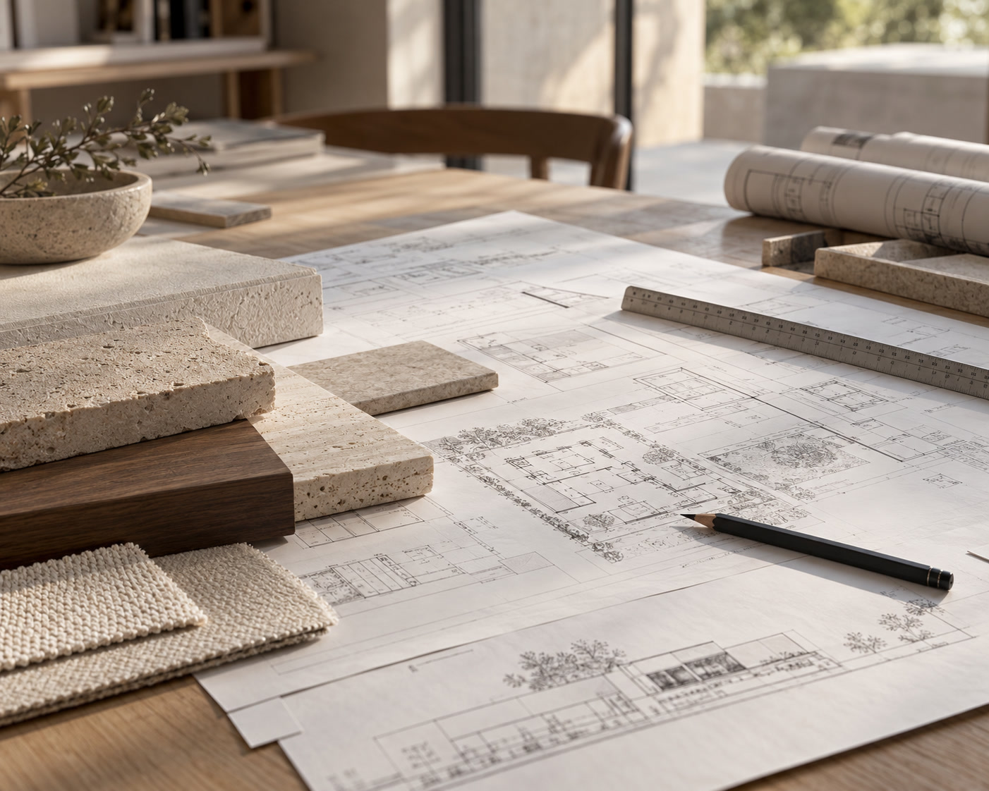 Planos arquitectónicos y muestras de piedra y madera sobre una mesa de trabajo