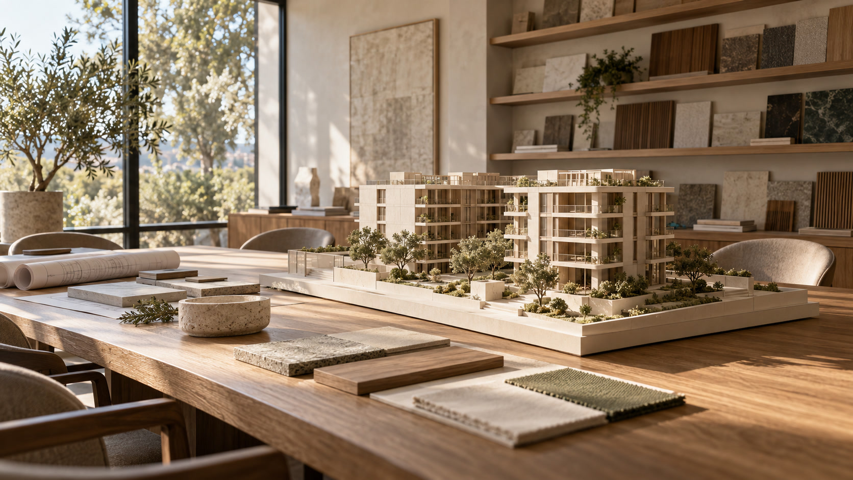 Maqueta arquitectónica sobre una mesa de estudio con planos y muestras de materiales