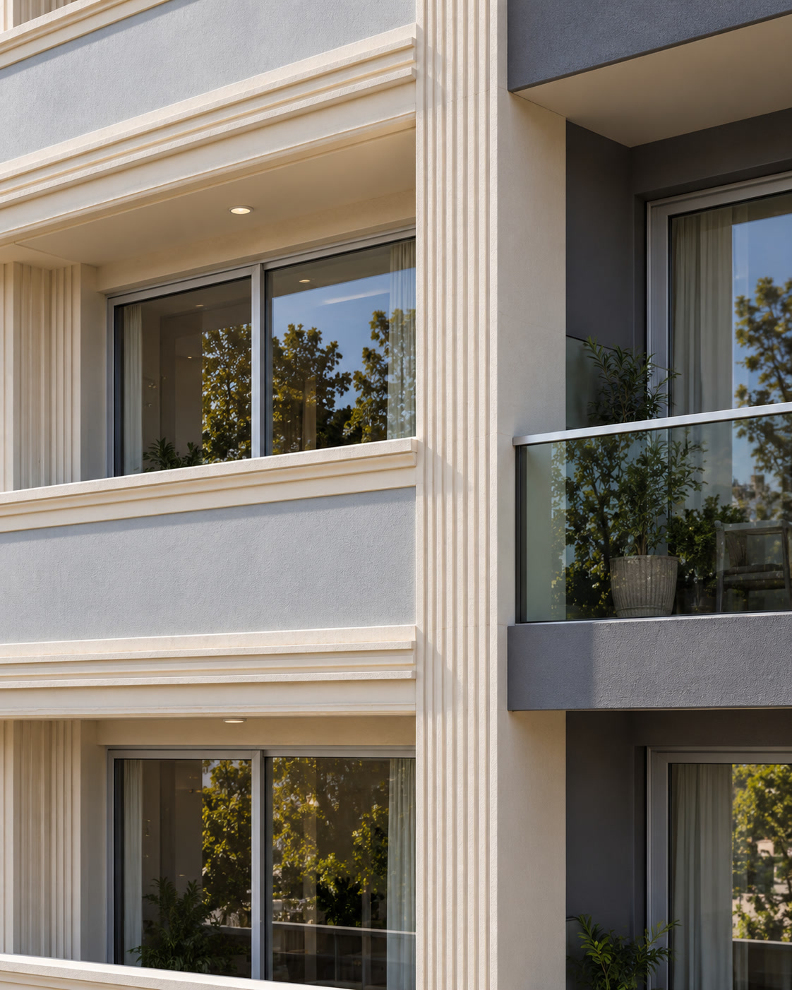 Detalle de la fachada de Centra: columnas estriadas, molduras, balcones y reflejos en el vidrio